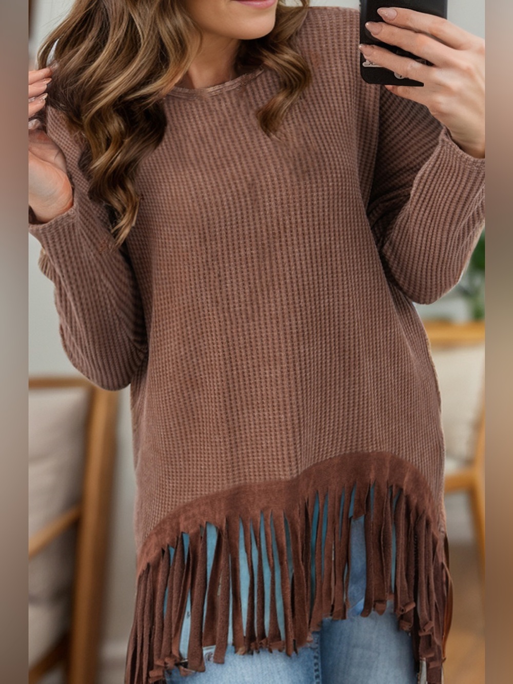 Fringe Round Neck Long Sleeve Top